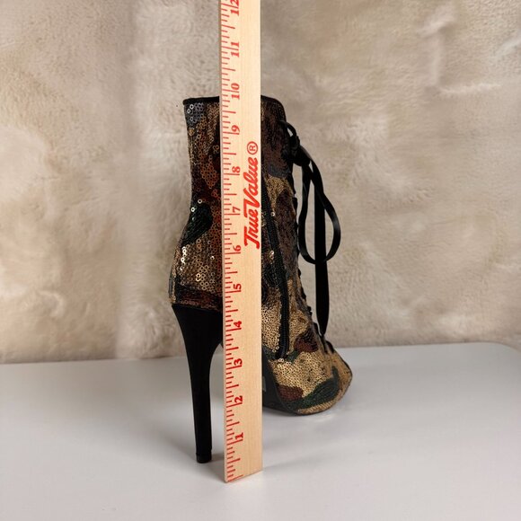 Sequin Camouflage Lace-Up Peep-Toe Ankle Boots With Side Zipper 8 - Picture 11 of 13